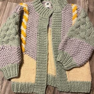 Chunky Knit Cardigan Vicky Knits Exclusively for Anthropologie Mint Yellow Cream